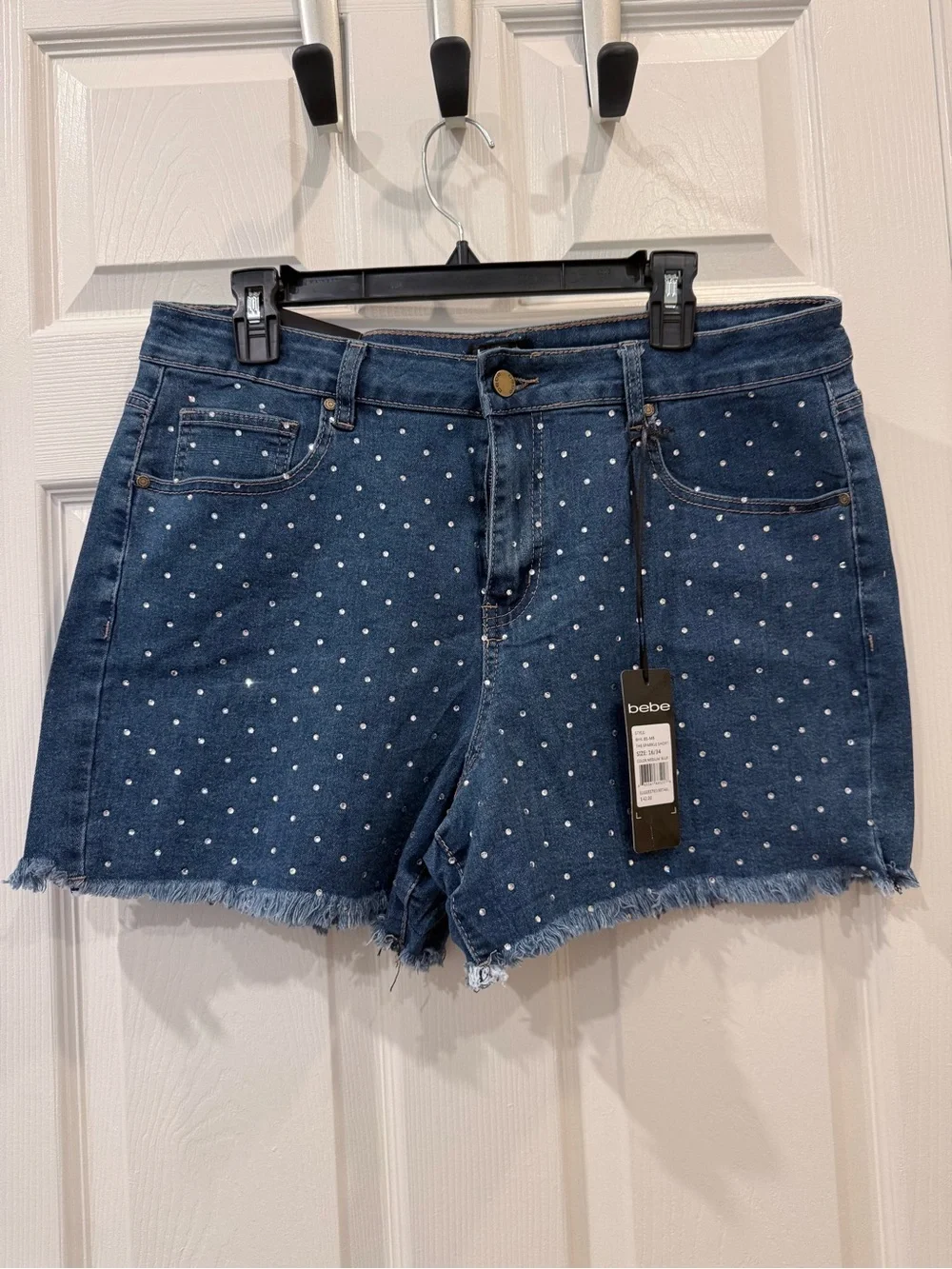 bebe Dark Blue Denim Studded Frayed-Hem Shorts